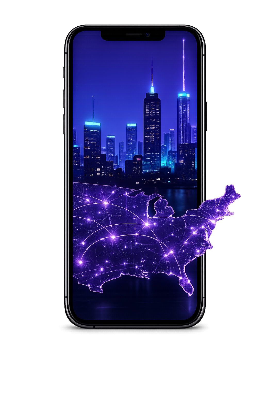 Teléfono móvil mostrando el mapa de Estados Unidos conectado con una red 5G